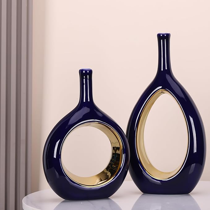 Blue and Gold Vase Ceramic Blue Vases Home Decor,Modern Minimalist Circle with Hole Decorative Vase, Hollow Ellipse Flower vases for Bookshelf, Fireplace Mantle, Centerpieces,Farmhouse,Rustic Décor
