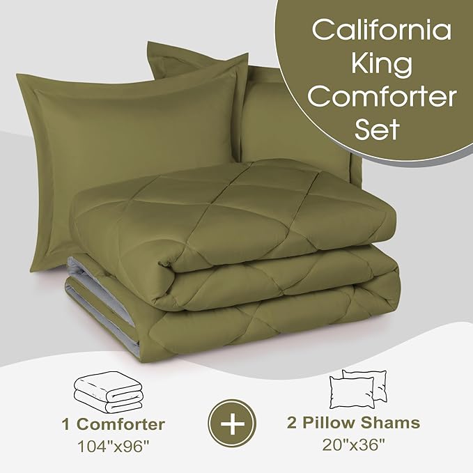 Basic Beyond California King Comforter Set, Olive Green/Charcoal Comforter Set Cali King for All Seasons, 1 Comforter 104"x96" and 2 Pillow Shams 20"x36"+2"