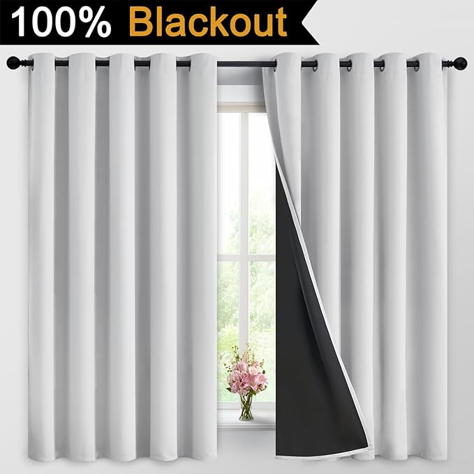Yakamok 100% Blackout Curtains 63 Inches Long, 2 Thick Layers Heat and Full Light Blocking Soft Thermal Insulated Drapes for Bedroom(62" Wide Each Panel, Greyish White, 2 Panels)