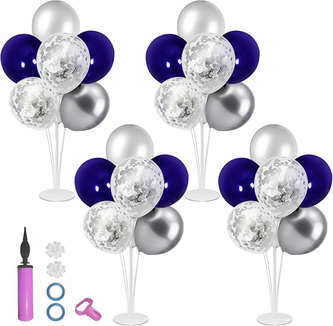 Balloon Stand with Silver and Navy Blue Balloons, Centerpiece Table Decorations for Birthday Wedding Anniversary New Year Graduation Decorations Class of 2025(Silver navy set4)