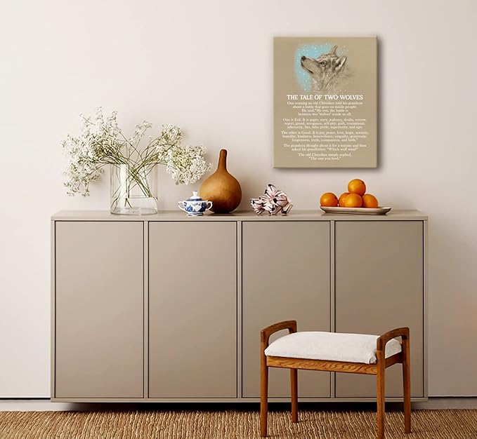 Wolf Poster, The Tale of Two Wolves, Canvas Wall Art Inspirational Quote Decor, Wolf Décor, Wolf Gifts, Canvas Prints Poster Wall Art (Khaki)