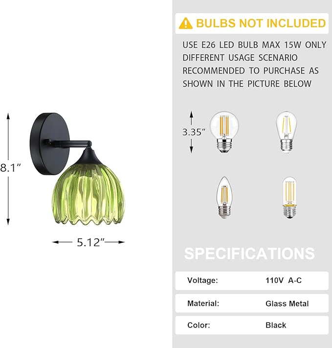 2 Pack 1 Light Vintage Wall Sconces Tulip Dark Green Glass Lampshade Hradwired Modern Black Wall Lighting Fixture for Bedside Bedroom Doorway
