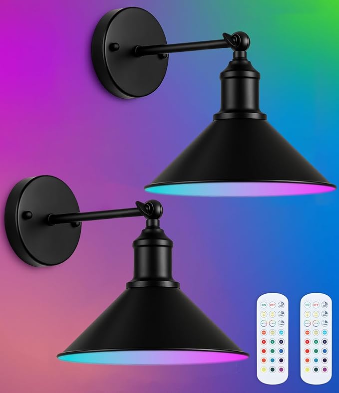 Rechargeable Battery Operated Wall Sconces Set of 2, RGB 15 Color Dimmable Wireless LED Wall Sconce, Includes Bulb and Remote Control, Suitable for Bedroom, Farmhouse, Gallery.