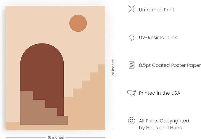 HAUS AND HUES Boho Art Prints - Mid Century Modern Decor Wall Art - Sun and Two Staircases with Door (16x20 Unframed)