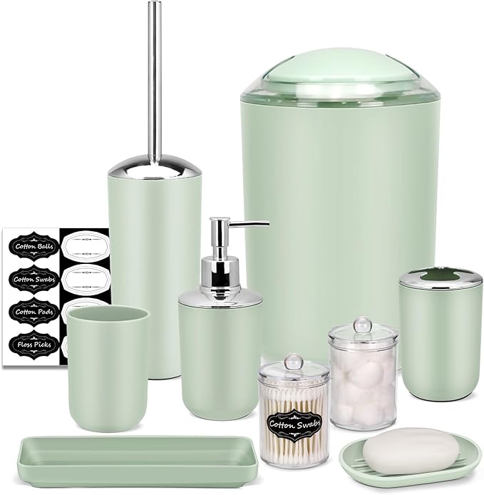 IMAVO Bathroom Accessories Set,Green Bathroom Set,9 Pieces Bathroom Accessory Set,Tray,Qtip Holders,Toilet Brush,Trash Can for Bathroom Décor and Home Gifts