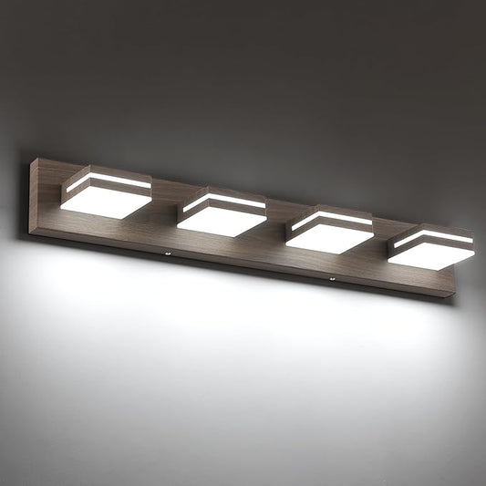 SineRise LED Modern Bathroom Vanity Light Fixtures (4-Light, 30-Inch, Dimmable), Brown Wood Painted Modern Acrylic Bathroom Wall Lighting Fixtures Over Mirror (Cool White 6000K)