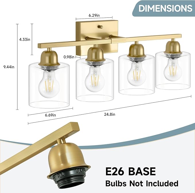 4 Light Gold Light Fixture Bathroom, Brushed Gold Vanity Light with Clear Glass, Lights for Bathroom Mirror for Mirror Living Room Bedroom Hallway E26 Base
