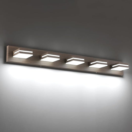 SineRise LED Modern Bathroom Vanity Light Fixtures (5-Light, 40-Inch, Dimmable), Brown Wood Painted Modern Acrylic Bathroom Wall Lighting Fixtures Over Mirror (Cool White 6000K)