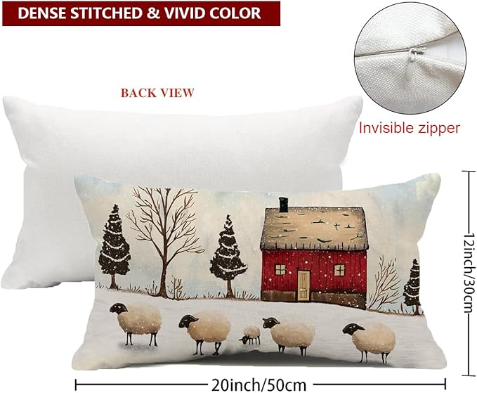 Christmas Pillow Covers 12x20 Christmas Decorations Watercolor Xmas Snowy Rustic Style Nature Red House White Sheep Decorative Throw Pillows Winter Christmas Decor