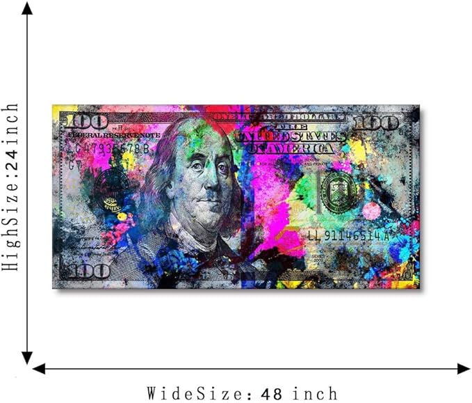 Motivational Canvas Office Art Print Large Size Wooden Framed 100 Bill Cash Benjamin Franklin Dollar Print HD Print Colorful Money Pop Artwork for Bathroom Kitchen Decor Ready to Hang-48 Wx24 H