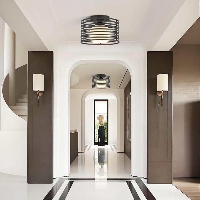 Modern Industrial Matte Black Small Semi Flush Mount Ceiling Light Fixture,Close to Ceiling Lamp Lighting Fixtures With Milk Glass Cover,for Closet Hallway Bathroom Foyer Entryway Pantry Laundry room