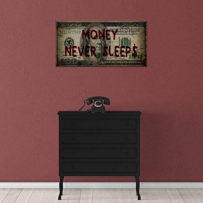 Canvas Money Wall Art Money Never Sleeps Inspirational Dollar Artwork Poster Canvas Painting Framed Ready to Hang-32x16 inches