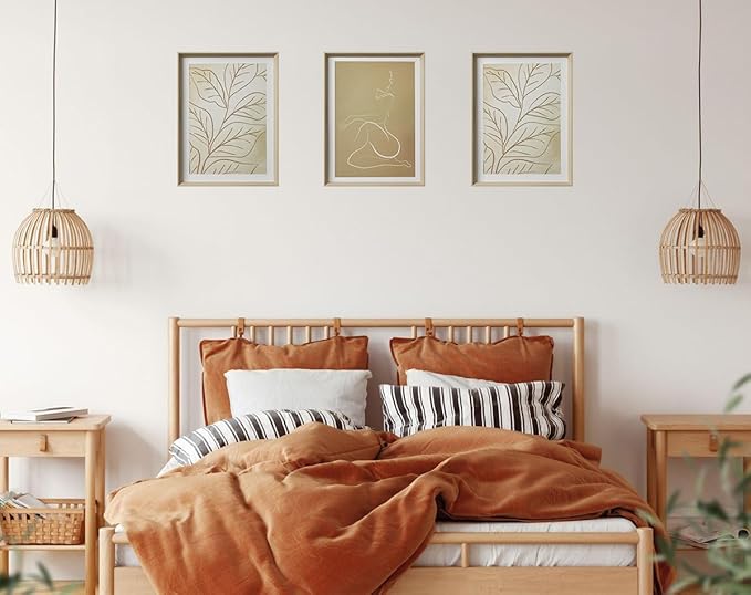 UPWOIGH Boho Canvas Wall Art(No Plexiglass), Framed High Side Wall Art, 16x12in Yellow-Brown Abstract Woman and Leaf Lines Minimalist Wall Decor for Living Room Bedroom Set of 3