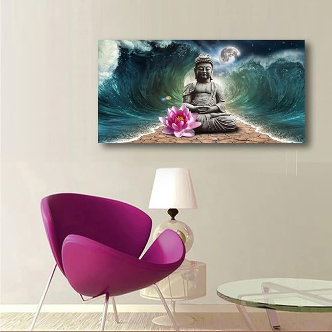 Canvas Wall Art Buddha Pictures Home Decor Grey Zen in The Background of Moon and Waves Poster Prints Painting for Living Room Bedroom Bathroom Kitchen Office Decoration Hindu Artwork 24x48 Inches