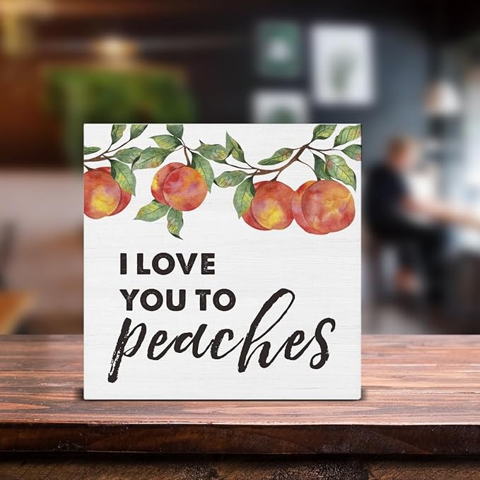 I Love You to Peaches Wooden Box Sign Peach Bathroom Decor, Peachy Love Quote Wood Sign for Farmhouse Home Bathroom Kitchen Desk Shelf Table Decorations 5 X 5 Inch