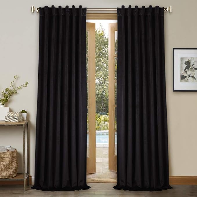 StangH Black Velvet Curtains 92 inches, Back Tab Thermal Blackout Drapes, Noise Reducing Heavy Duty Curtain Panels for Living Room Home Theater, W52 x L92, 2 Panels