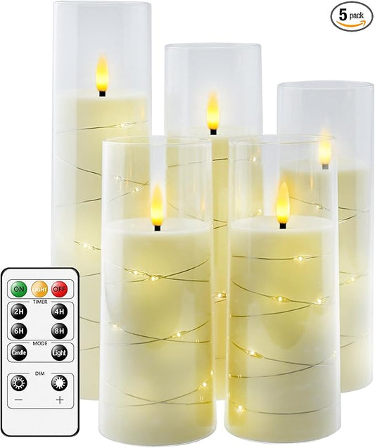 Flameless LED Candles with Timer 5 Pc Flickering Flameless Candles for Romantic Ambiance and Home Decoration Stable Acrylic Shell,with Embedded Star String，Battery Operated Candles（Ivory）