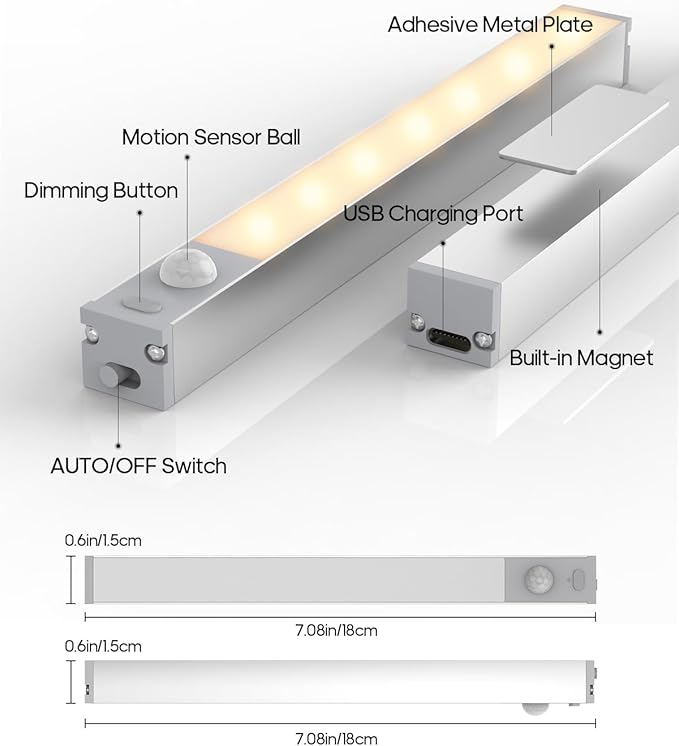 Led Under Cabinet Lights Wireless, 7’’ Rechargeable Motion Sensor Light Indoor, Dimmable Closet Lights for Cabinets, Bookshelf, Stair, Hallway Warm White 3 pcs