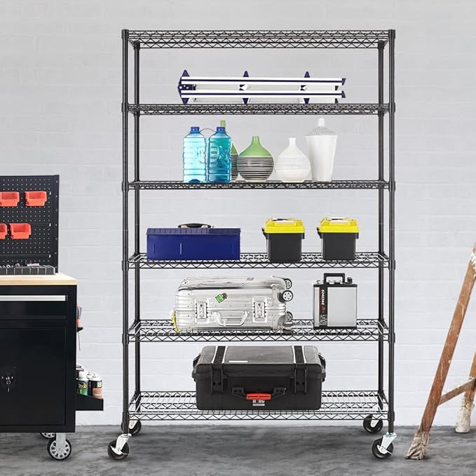 PayLessHere | 6-Tier Wire Shelf with Wheels | 48"x18"x76" | Black | Adjustable Racks | Heavy-Duty Storage Shelves, Holds Upto 600 lbs | Rust-Resistant, No-Tool Assembly | for Home, Garage Shelving