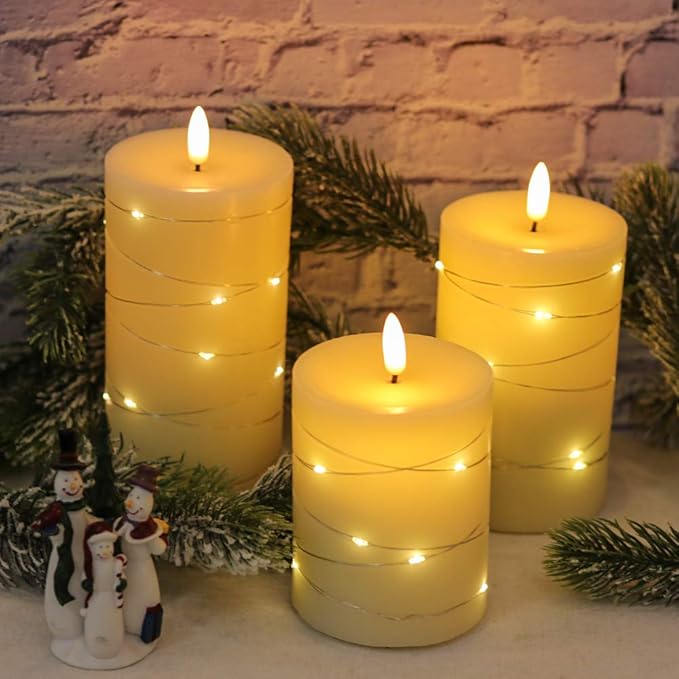 Eldnacele Flameless Candles Battery Operated with Remote and Timer, 3D Wick Flickering Embedded String Lights Real Wax LED Pillar Candles Christmas Holiday Dinner Decor Set of 3 (D3”x H4” 5” 6”)