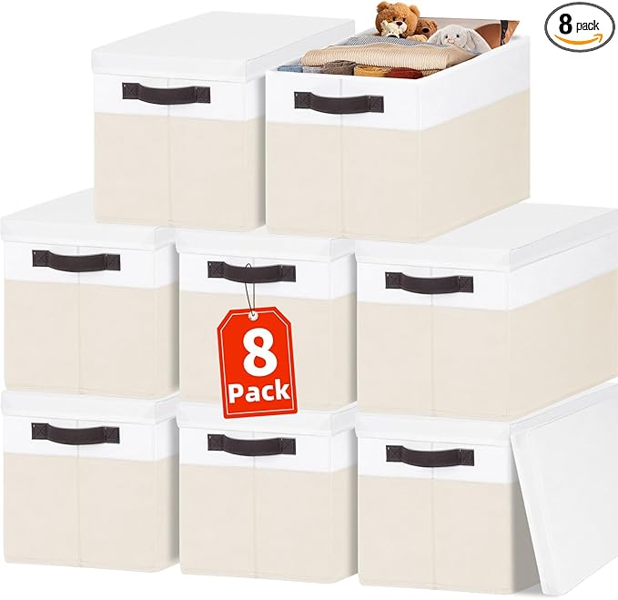 Large Closet Organizer Bins with Lids 8 Pack - Nursery Storage Baskets for Shelves Bedroom Dorm - Stackable RV Closet Organization Cubes Box with Handles for Clothes Purse Blanket Towel Magazine