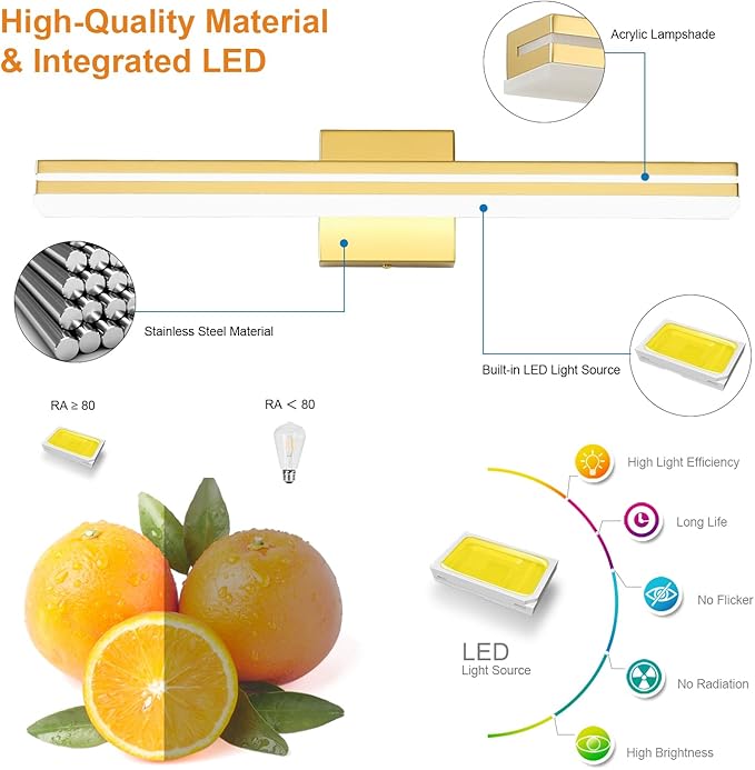 SineRise 24-Inch LED Modern Bathroom Vanity Light Bar, Gold Modern Acrylic Bathroom Wall Lighting Fixtures Over Mirror (Cool White 6000K)