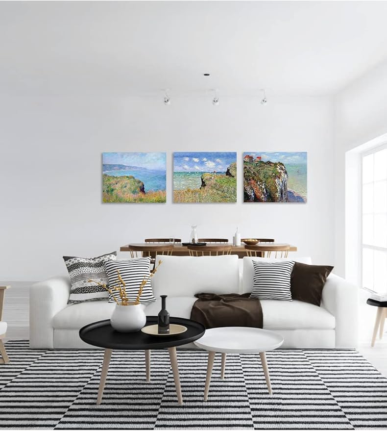 DECORARTS - The Cliff Walk Series(Triptych), Claude Monet Art Reproduction. Giclee Canvas Prints Wall Art for Home Decor 24x30, 3pcs/set