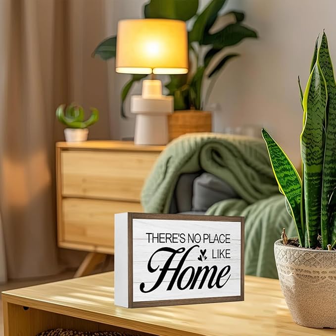 There's no Place Like Home Wooden Box Sign Desk Decor,Family Quotes Wooden Block Plaque Sign for Home Farmhouse Living Room Bedroom Shelf Table Wall Decor