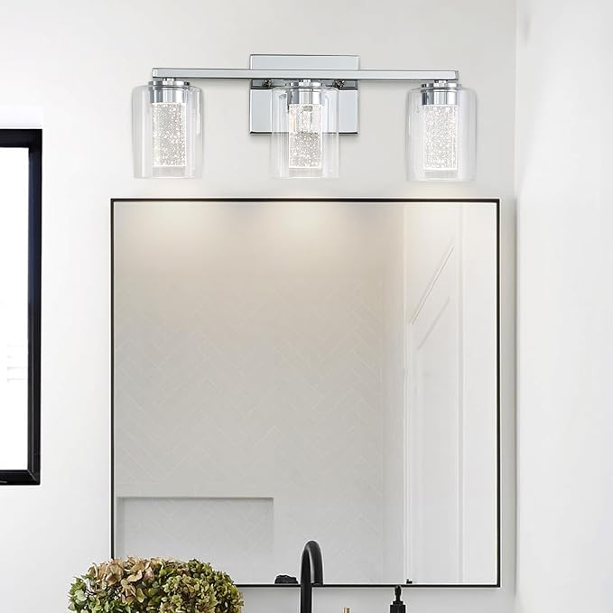 3 Light Chrome Bathroom Light Fixture, Dimmable 5CCT Chrome Bathroom Vanity Lights, 2700K-6500K Modern Crystal Bubble LED Wall Sconce Over Mirror with Clear Glass for Bedroom, Living Room