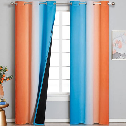 Thermal Insulated Blue and Orange Curtains for Living Room, Complete Light Blocking Ombre Blackout Curtains for Bedroom, Full Room Darkening Gradient Grommet Drapes for Boy Room, 42x84 Inch, 2 Panels
