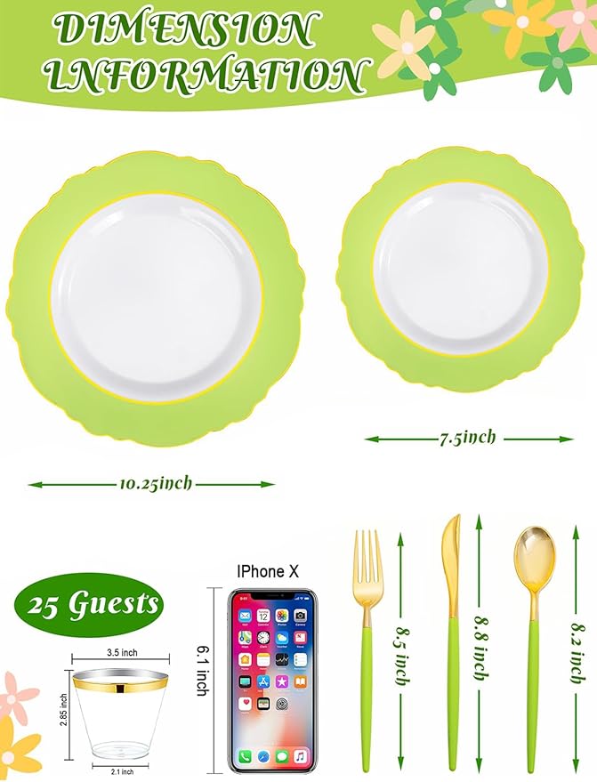 WDF 150Pcs Green Plates Disposable - Baroque Green and Gold Plates - 25Guest Plastic Dinnerware Ideal for Party/Spring/Picnic