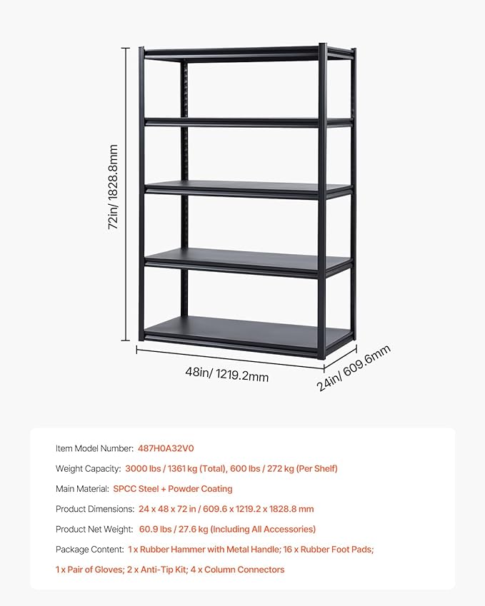 VEVOR Storage Shelves, 3000 lbs, 5 Tier Garage Storage Shelving, 24" D x 48" W x 72" H Adjustable Metal Shelves for Garage Shelves Utility Rack Shelf, Ideal for Kitchen, Warehouse, Basement, Black