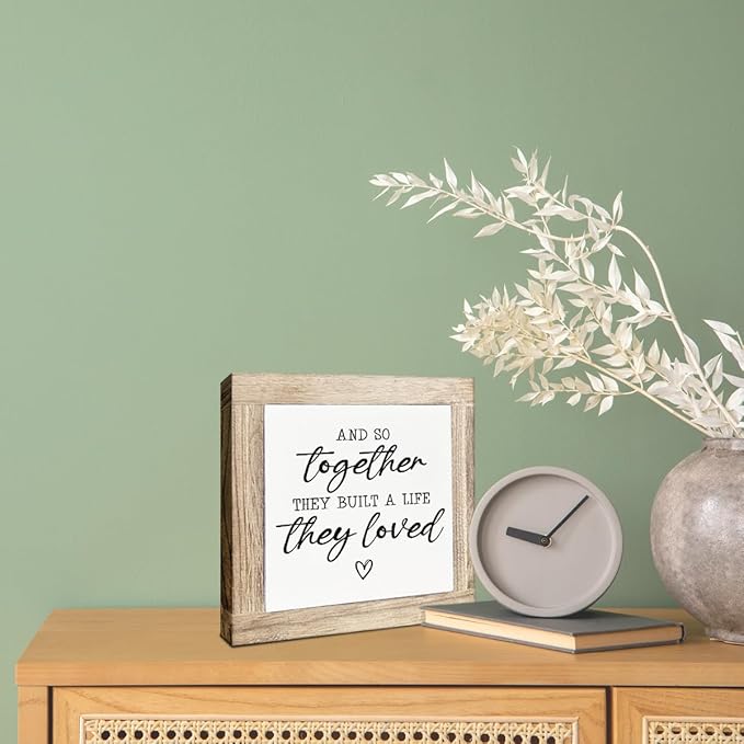 Family Wood Sign, And So Together They Built A Life They Loved, Farmhouse Style Wood Decorative Signs, Wedding Anniversary Decoration, Inspirational Gifts for Couple 5.9X5.9X0.7inches