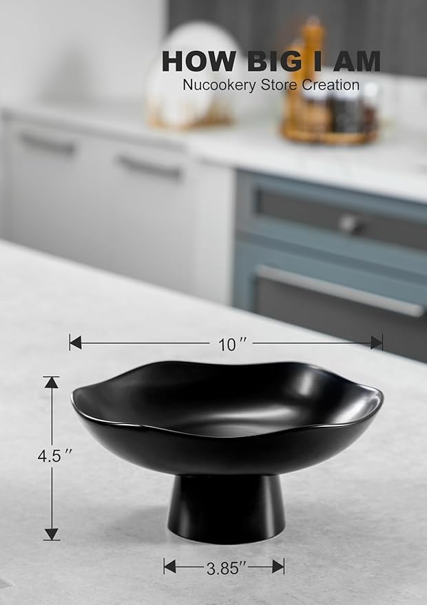 Nucookery Ceramic Fruit Bowl for Kitchen Counter, Modern Fruit and Bread Basket Stand, 10 inch Large Decorative Bowl for Home Kitchen Decor, Fruit & Vegetables Holder Storage, Matte Black