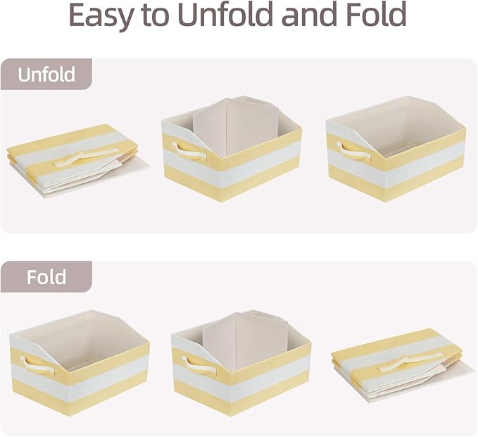 Linen Closet Organizers and Storage, Trapezoid Fabric Bins, Home Office Organization Baskets Striped Collapsible Box with Handles for Clothes, Blanket, Books, DVD, 4 Pack, Yellow/White