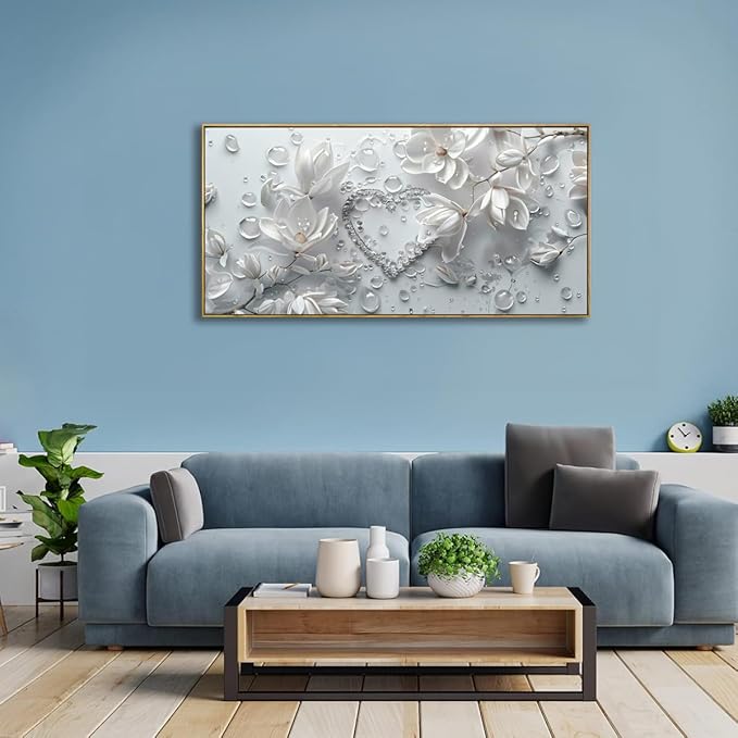 Wall Art Modern Flowers Artwork Love Heart Wall Decor White Canvas Prints for Living Room Bedroom Dining Room Home Office Decor Large Framed Ready to Hang 24"x48"