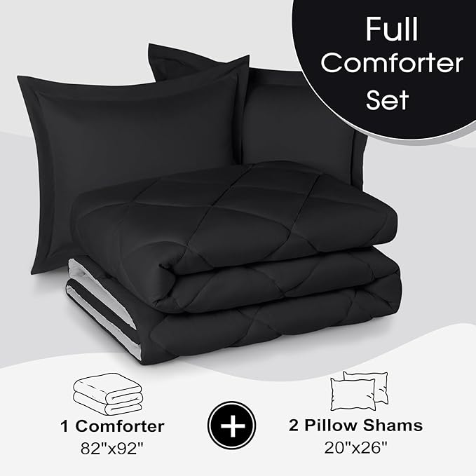 Basic Beyond Full Size Comforter Set - Black and Grey Comforter Set Full, Reversible Comforter Full Size Set, 1 Comforter (82"x92") and 2 Pillow Shams (20"x26"+2")
