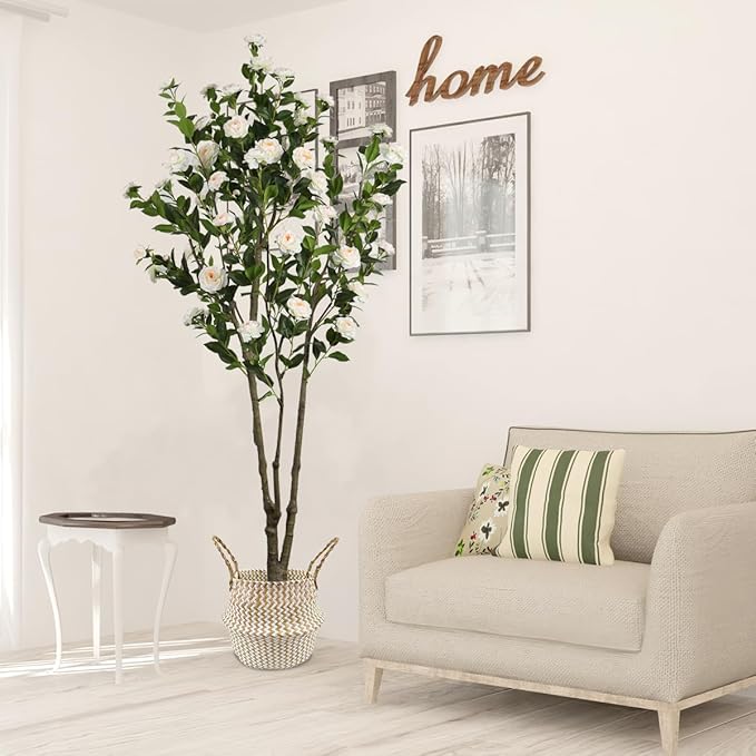 Faux Camellia Flower Tree 7ft(84in) Artificial Floor Plant for Indoor Decor Realistic Greenery Potted Tree with White Blooming Flowers and Natural Wood Trunk for Home Living Room,Office,Porch Decor