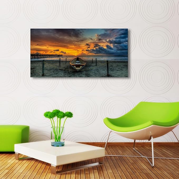 Beach Themed Wall Art Canvas Prints Seascape Poster Bathroom Décor Boat Ocean Sunset Landscape Paintings for Bedroom Dining Room Home Kitchen Decorations Natural Artwork 28x57 Picture Wooden Frames