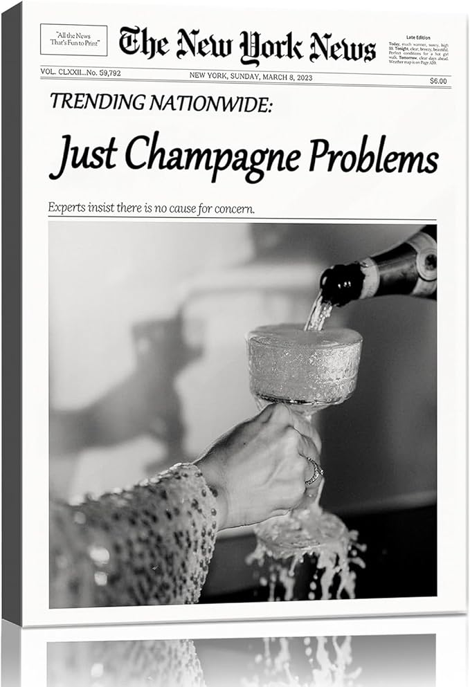 Champagne Problems Newspaper Framed Wall Art,Trendy Retro Black and White Wall Art for Bar Cart Bathroom Apartment Kitchen Dorm Dining Decor Funky Vintage Celebrate Poster for Home Wall Artwork 8x10