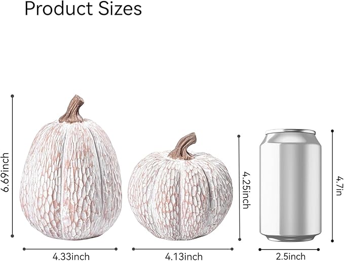 Artificial Pumpkin Decor, Brown and White Decorative Pumpkins, Thanksgiving Resin Pumpkins Figurine Set of 2, Carved Pumpkin Statues for Rustic Fall Tabletop Home Decor, Harvest, Wedding