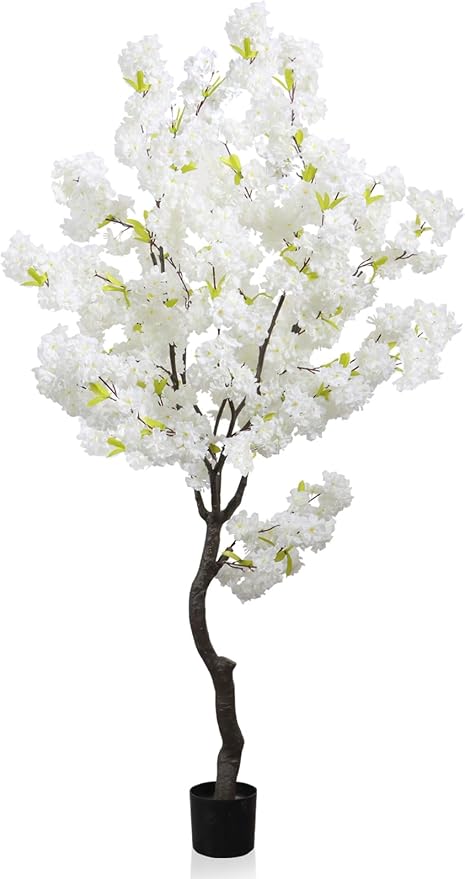 Large Artificial White Cherry Blossom 6ft(72in) Faux Floor Green Plant for Indoor Decor Natural Potted Tree Realistic Cherry Flowers Wood Trunk for Home Living Room,Office Perfect Housewarming Gift