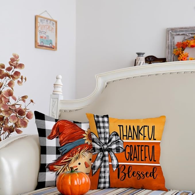 GEEORY Fall Throw Pillow Covers 18x18 Inch Set of 4, Buffalo Plaid Pumpkin Scarecrow Orange Cushion Case for Sofa & Bed Autumn Thanksgiving Decor Farmhouse Home Decoration