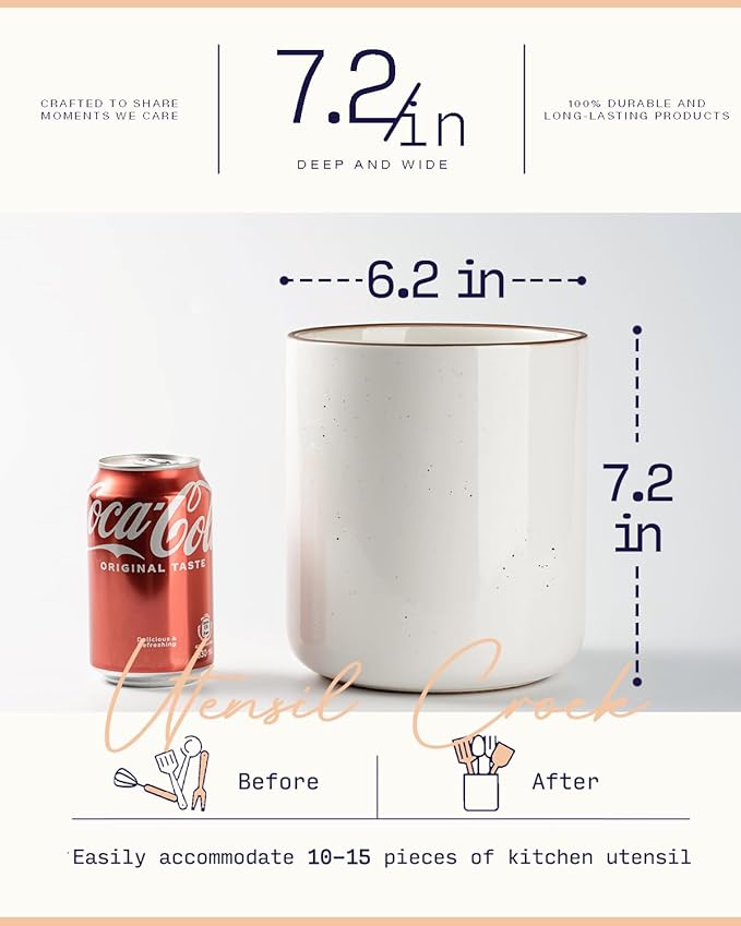 getstar Kitchen Utensil Holder, Large Ceramic Cooking Utensil Holder (H7.2” x W6.2”) for Kitchen Counter with Cork Mat at Bottom, Farmhouse Decor