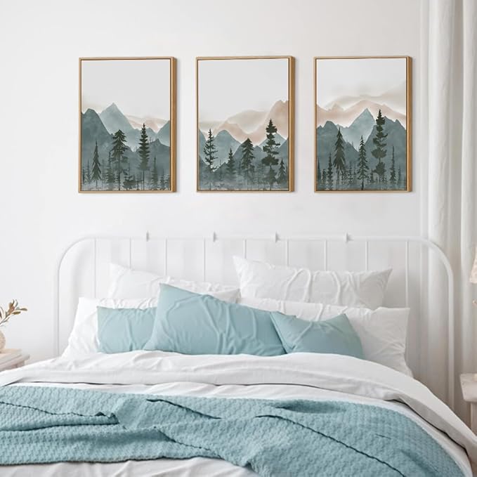 CHDITB Large Mountain Wall Art Set of 3, 24"x36" Framed Forest Woodland Wall Decor, Pine Tree Landscape Wall Painting, Nature Scenery Canvas Art Prints for Living Room, Bedroom, Office, Dining Room