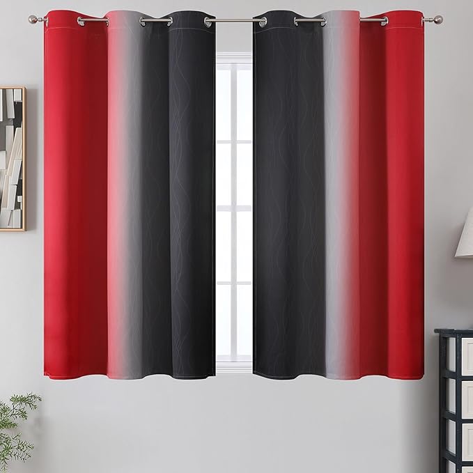 Estelar Textiler Ombre Red and Black Curtains 45 Inch Length 2 Panels, 100% Blackout Curtains for Living Room, Grommet Thermal Insulated Drapes, Full Light Blocking Curtains for Bedroom, 42x45 Inch
