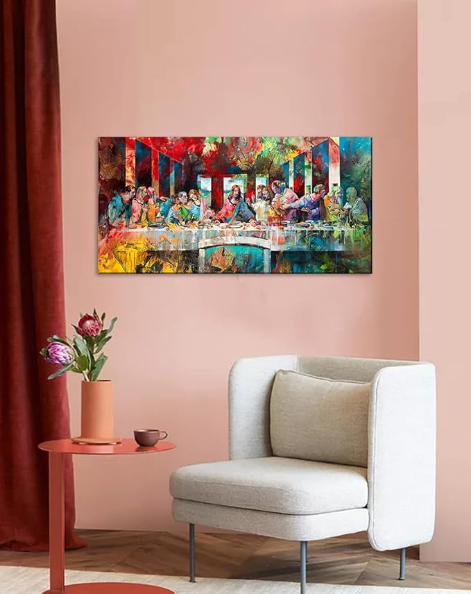 Graffiti The Last Supper Famous Painting Reproduction Color Graffiti Artwork The Last Supper Canvas Office Wall Art Woodden Pallets for Bed Gallery Wrapped Framed and Stretched Ready to Hang-32"Wx16"H