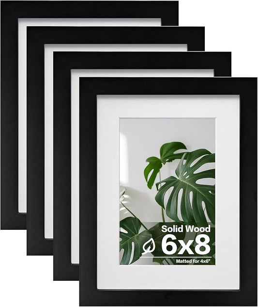 Egofine 6x8 Picture Frames Set of 4, Made of Solid Wood Covered by Plexiglass 4x6 and 5x7 with Mat or 6x8 whitout Mat, for Table Top Display and Wall Mounting Photo Frame Black