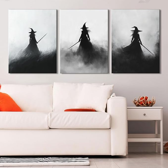 Vintage Witch Canvas Wall Art Halloween Pictures Black and White Living Room Wall Decor Dark Gothic Witches Paintings Witchy Home Decorations Spooky Posters Prints Artwork for Bedroom 12x16" 3Pcs