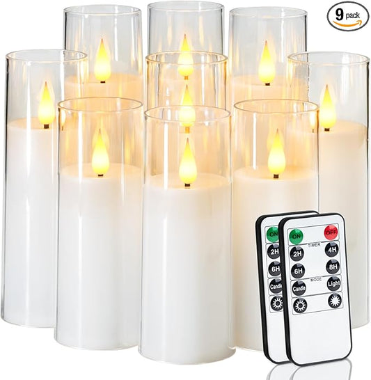 Amagic Pure White Flameless Candles, 9 Pack Battery Operated Candles with Remote and Timer, Acrylic Flickering Electric LED Candles for Wedding, Holiday Decor, D2.2''xH5''6" 7", Warm Yellow Glow